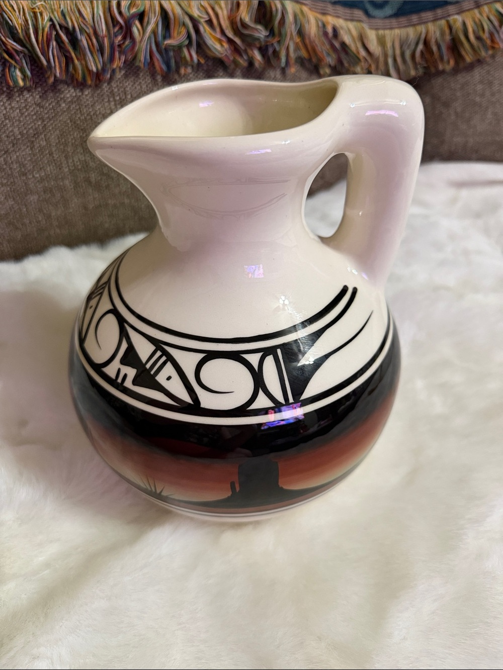 Vintage Navajo Pottery Jug Hand Painted Monument Valley Sunset scene. Excellent!